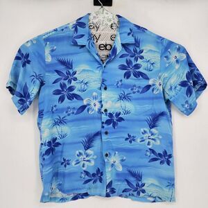 Two‎ Palms Shirt Mens Large Hawaiian Aloha Blue Plumeria Fronds Button Up Casual